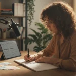 Persona usando una herramienta de IA en su ordenador para generar guiones de YouTube virales, con elementos de vídeo y creatividad digital.