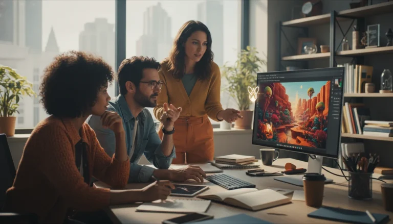 Diseñador usando Adobe Photoshop con funciones de Adobe Firefly, mostrando el poder de la IA generativa en la edición de imágenes.