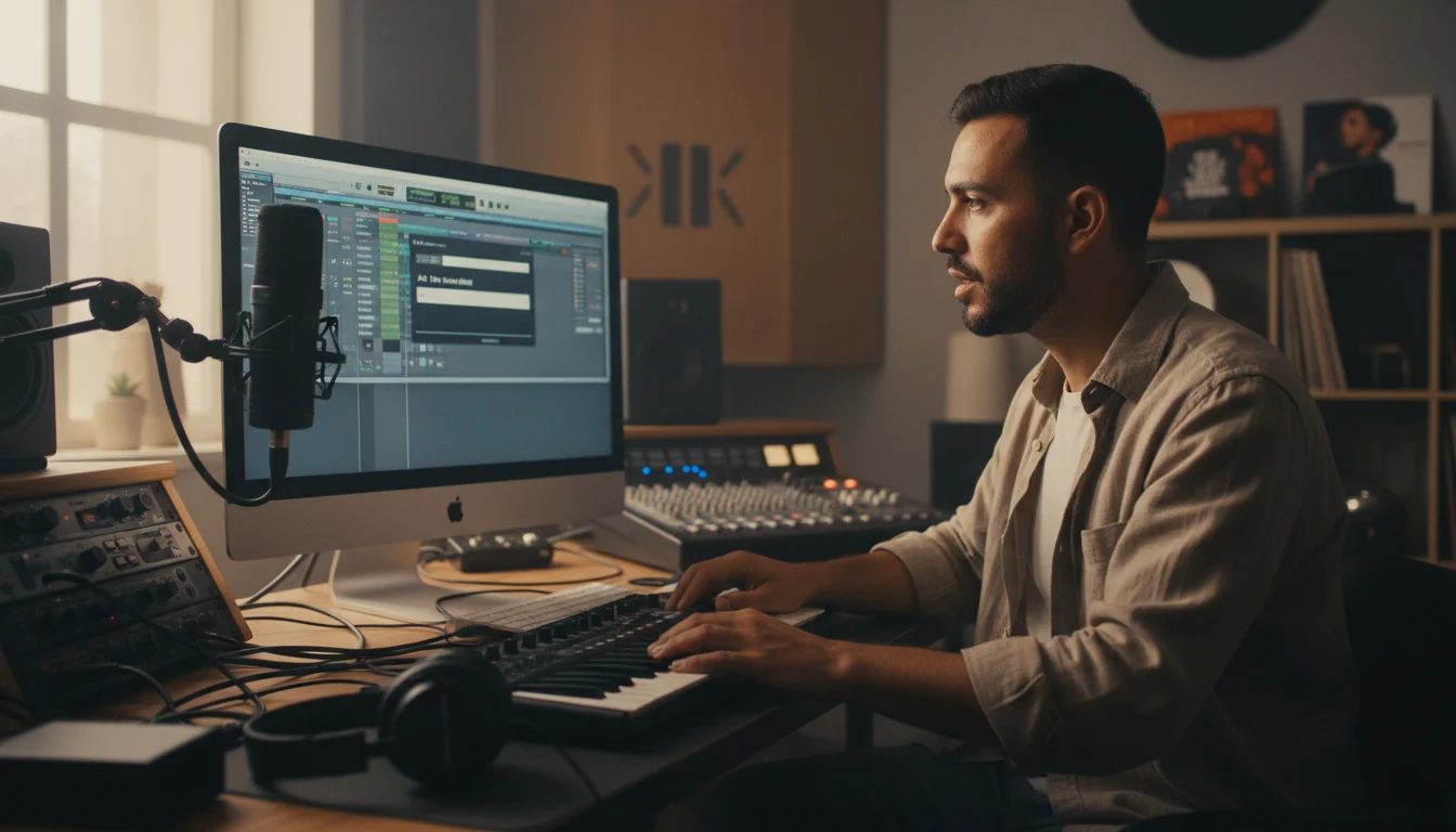 Una persona interactuando con una interfaz futurista que representa la creación musical con Suno AI, rodeada de notas y ondas de sonido.