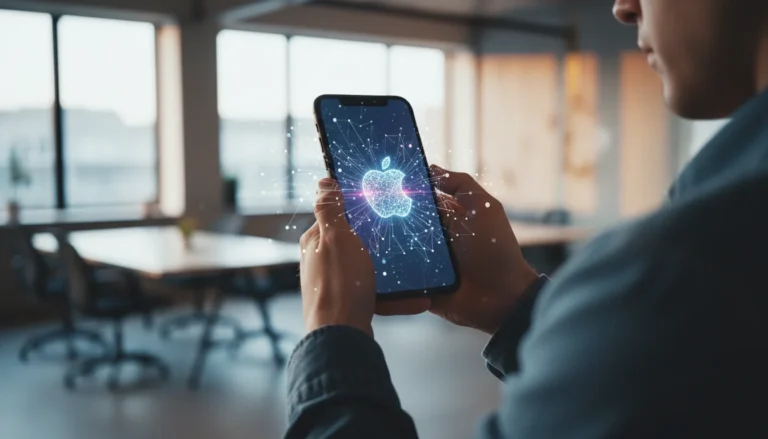 Un iPhone mostrando la interfaz de Apple Intelligence con elementos visuales de IA, destacando su naturaleza personal y privada.