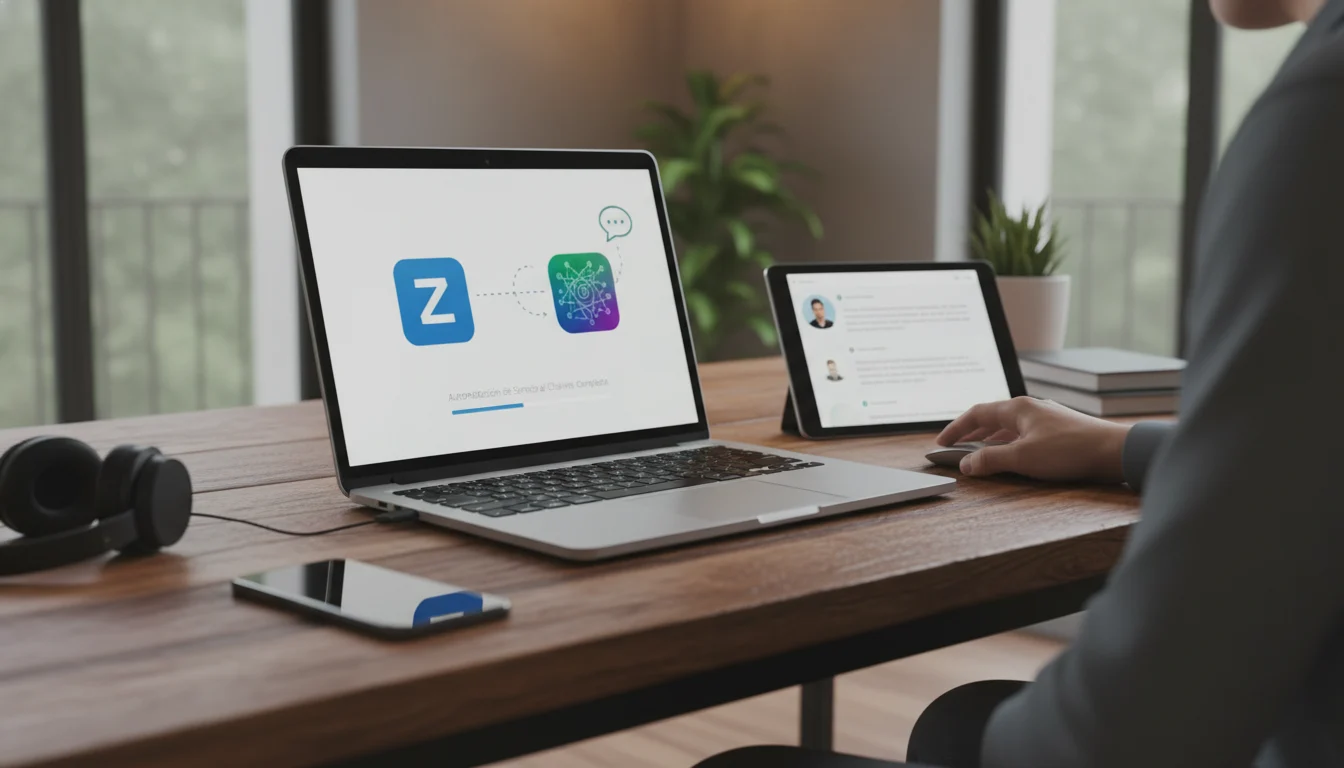 Ilustración de un flujo de trabajo de servicio al cliente optimizado con IA, combinando Zapier y OpenAI para automatización soporte inteligente.
