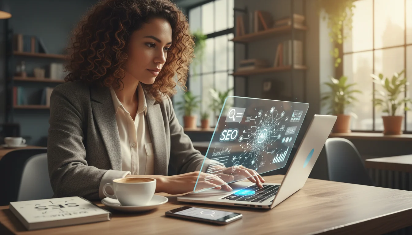 Gráfico con elementos de IA y SEO, mostrando la sinergia entre tecnología y posicionamiento. IA para SEO.