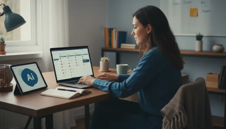 Persona usando Notion AI en un portátil, organizando tareas y proyectos con asistencia inteligente para mayor productividad.