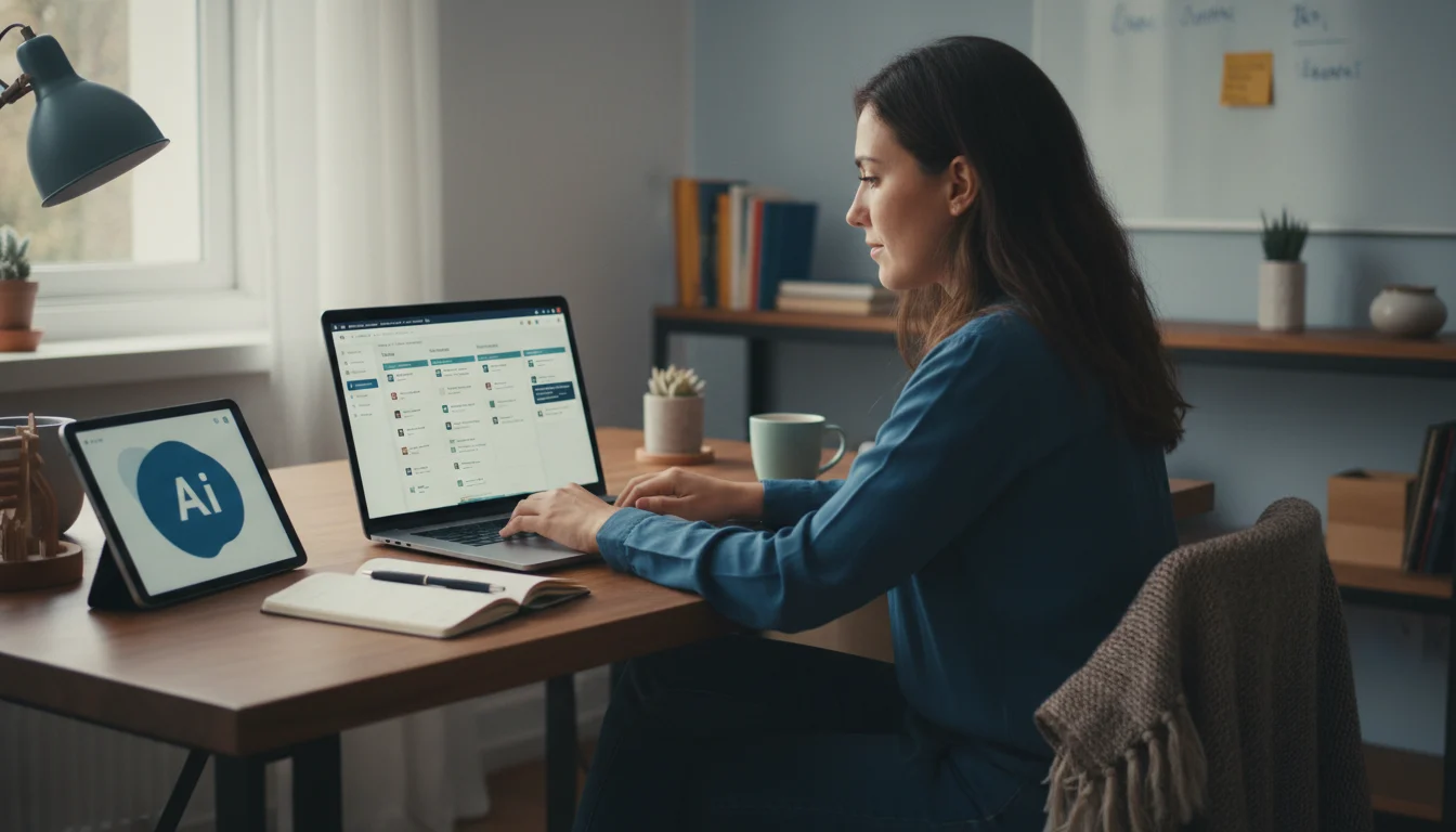 Persona usando Notion AI en un portátil, organizando tareas y proyectos con asistencia inteligente para mayor productividad.