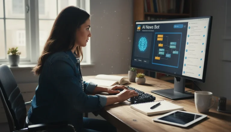 Ilustración de un robot o cerebro de IA interactuando con el logo de Twitter/X y un flujo de noticias, simbolizando un bot Twitter IA de noticias.