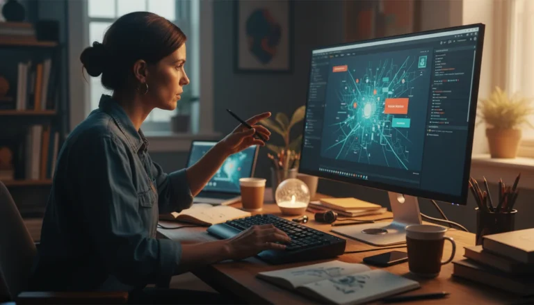 Persona creativa usando Stable Diffusion para generar imágenes IA con un ordenador potente