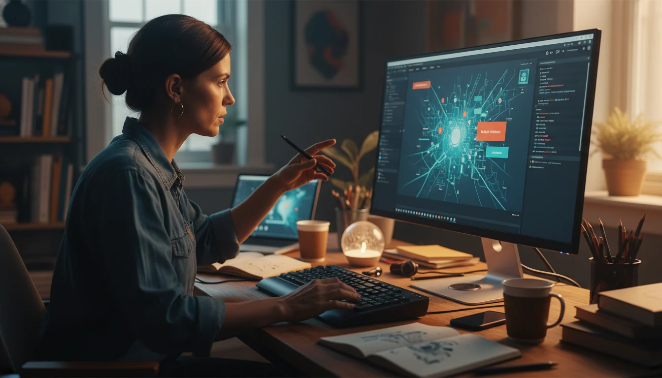 Persona creativa usando Stable Diffusion para generar imágenes IA con un ordenador potente