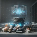 Imagen conceptual de un robot programador de IA autónomo trabajando en código complejo, simbolizando el futuro del desarrollo de software.