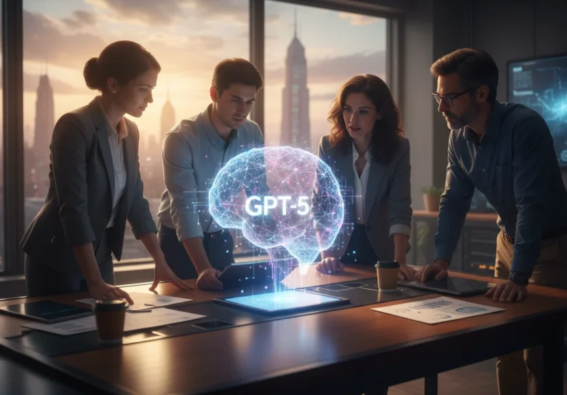 Representación visual de GPT-5 de OpenAI, mostrando una IA avanzada con capacidades multimodales y razonamiento profundo.