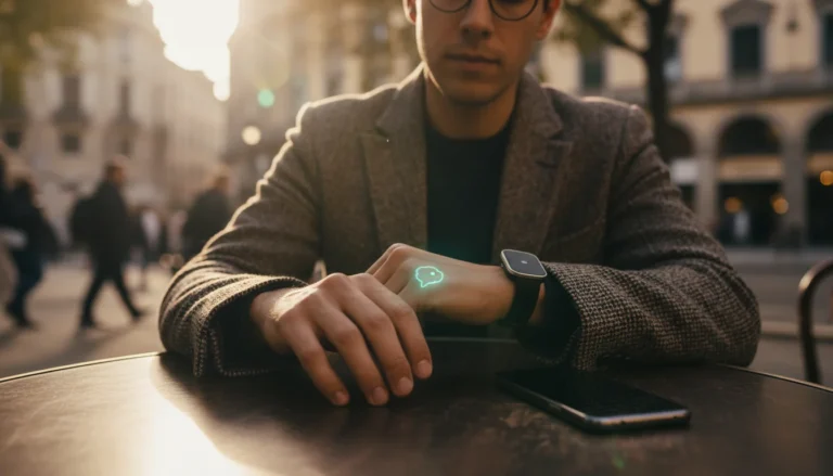 Humane AI Pin proyectando interfaz en la mano del usuario, mostrando el futuro sin pantallas y desafiando el paradigma del smartphone.