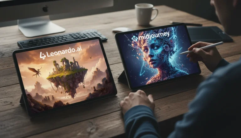 Comparativa visual de dos estilos de arte generados por IA, simbolizando Leonardo.ai vs Midjourney y sus diferencias.