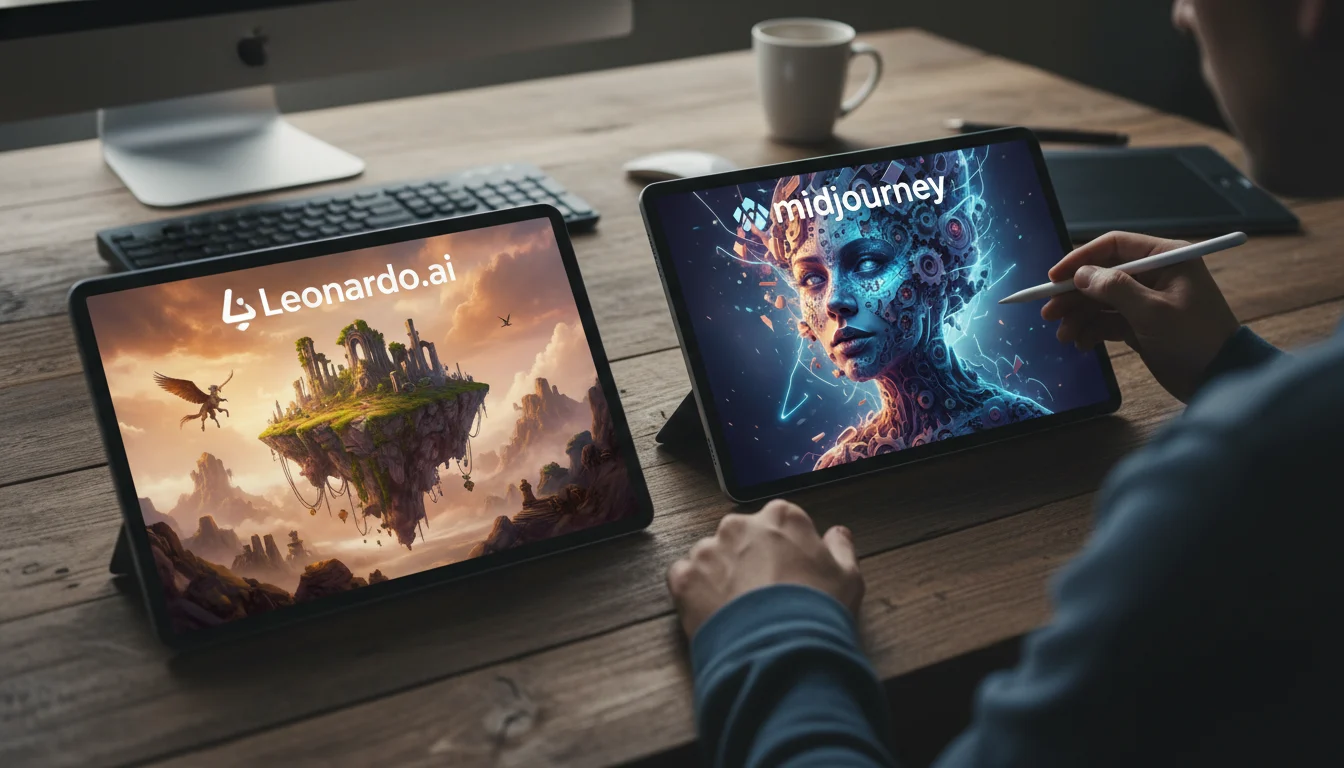 Comparativa visual de dos estilos de arte generados por IA, simbolizando Leonardo.ai vs Midjourney y sus diferencias.