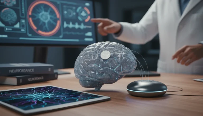 Representación del implante Neuralink en un cerebro humano, mostrando su conexión con la tecnología de interfaz cerebro-computadora.