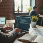 Una persona interactuando con una interfaz de ChatGPT, analizando gráficos y datos, simbolizando el análisis de datos con IA.