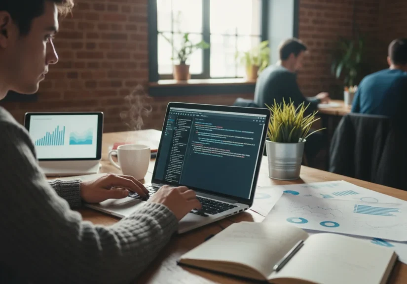 Una persona interactuando con una interfaz de ChatGPT, analizando gráficos y datos, simbolizando el análisis de datos con IA.