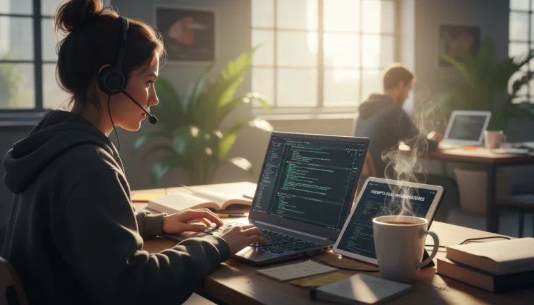 Programador interactuando con una interfaz de IA que genera código, simbolizando la ingeniería de prompts para programación y la velocidad x10.
