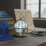 Ilustración de la Ley IA Europa guiando la innovación para creadores, con símbolos de ética, transparencia y regulación de la inteligencia artificial.