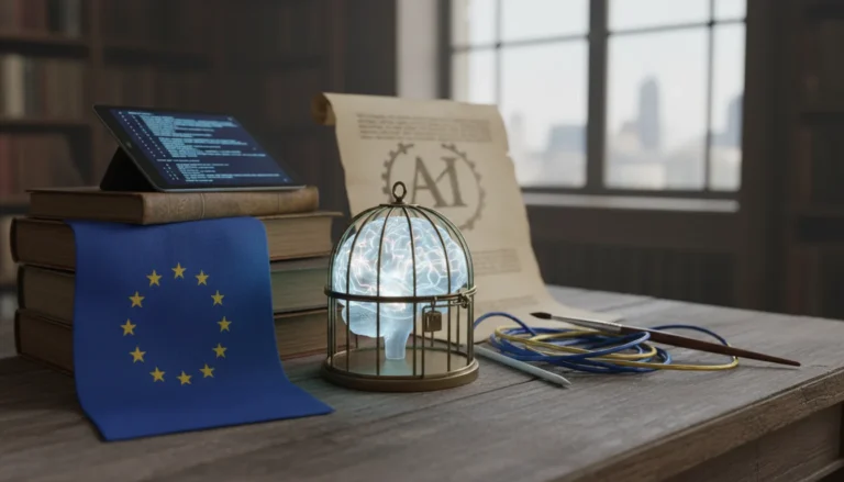 Ilustración de la Ley IA Europa guiando la innovación para creadores, con símbolos de ética, transparencia y regulación de la inteligencia artificial.