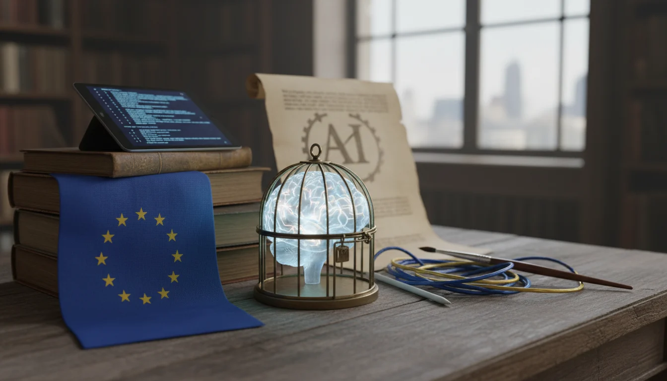 Ilustración de la Ley IA Europa guiando la innovación para creadores, con símbolos de ética, transparencia y regulación de la inteligencia artificial.