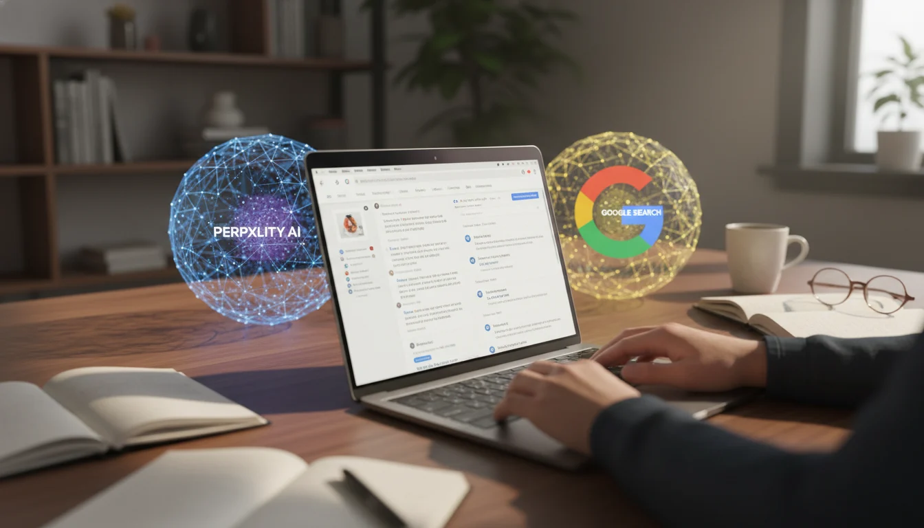 Interfaz de Perplexity AI mostrando una respuesta directa y citando fuentes, comparado con Google. Buscador IA.