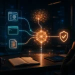 Profesional supervisando un agente de IA que utiliza navegador, terminal, documentos y verificación