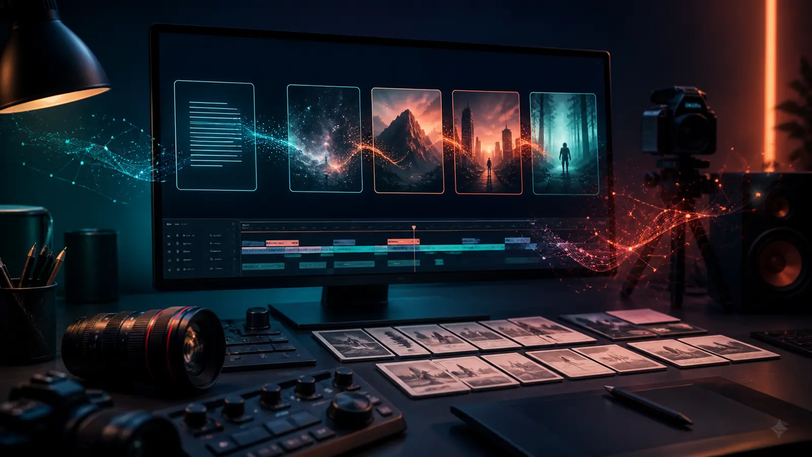 Estudio de producción con una pantalla que transforma un guion en escenas de vídeo generadas con IA