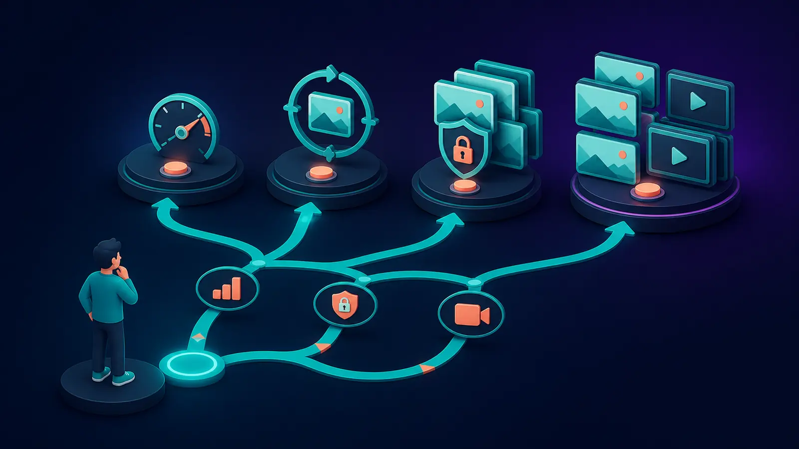 Árbol de decisión para elegir un plan de Midjourney según volumen, privacidad y vídeo