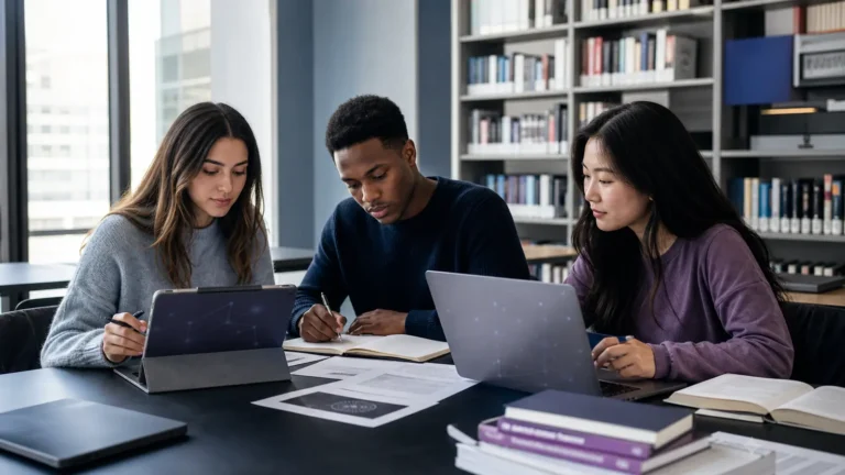 Estudiantes universitarios utilizando herramientas de IA para estudiar y verificar fuentes