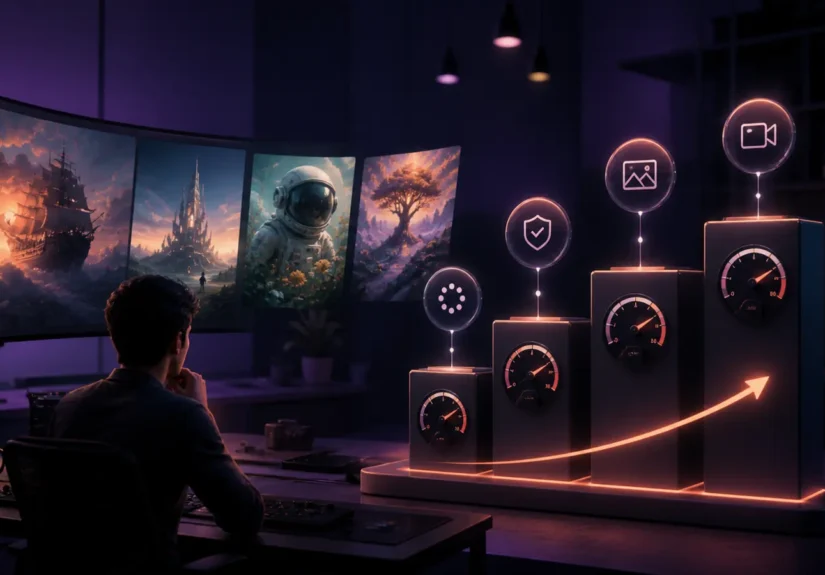Artista digital comparando cuatro niveles de suscripción con velocidad, privacidad, imagen y vídeo