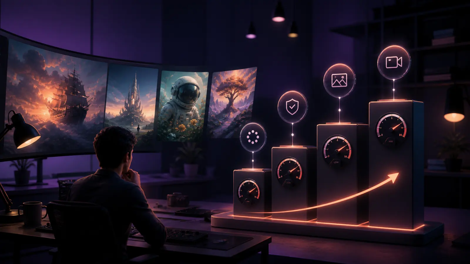 Artista digital comparando cuatro niveles de suscripción con velocidad, privacidad, imagen y vídeo
