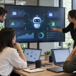 Equipo empresarial supervisando un agente de IA conectado a correo, CRM, calendario y documentos