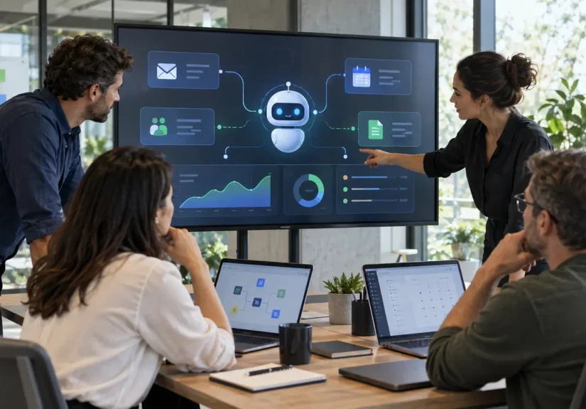 Equipo empresarial supervisando un agente de IA conectado a correo, CRM, calendario y documentos