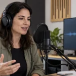 Profesional grabando su propia voz con un micrófono y una forma de onda en pantalla