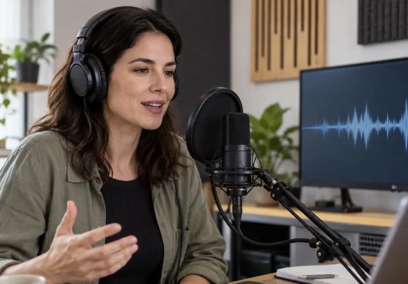 Profesional grabando su propia voz con un micrófono y una forma de onda en pantalla