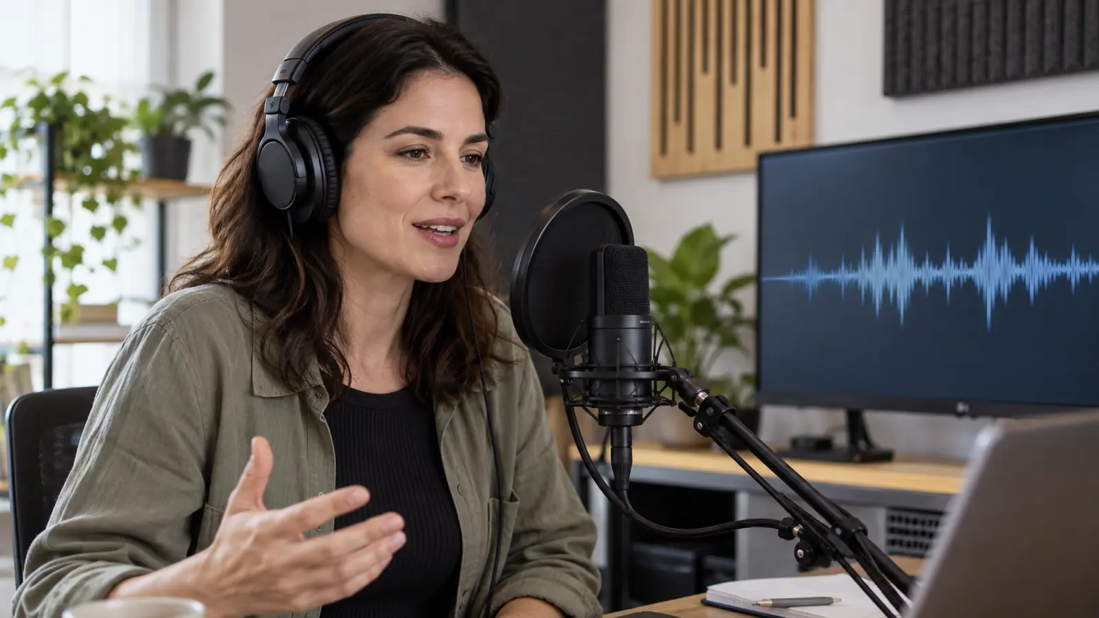 Profesional grabando su propia voz con un micrófono y una forma de onda en pantalla